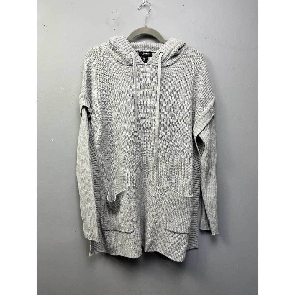 Jones & Co Sweater Womens Medium Gray Hoodie Shaker Knit Cold‎ Shoulder Pockets